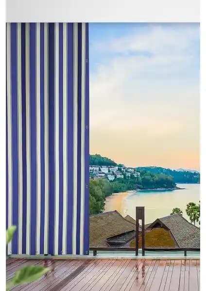 Altın Pamuk Mavi Kuşgözlü Balkon Perdesi Her Ölçüde Dayanıklı ve Şık Tasarım