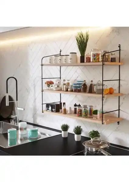 Bino Masif Doğal Ahşap Büyük Boy 3 Katlı Duvar Rafı Estetik ve Dayanıklı Tasarım