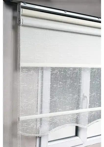 Bizden Perde Brillant Çiftli Sistem Çizgili Kırık Beyaz Tül ve Stor Güneşlik Perdeler