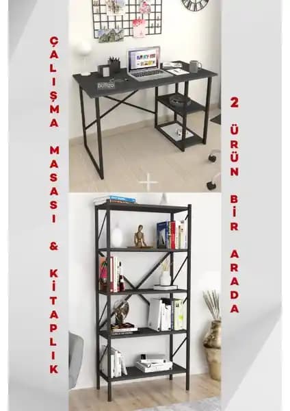 Bofigo 2 Raflı Çalışma Masası ve Kitaplık Seti Ofis ve Ev Kullanımı İçin Uygun
