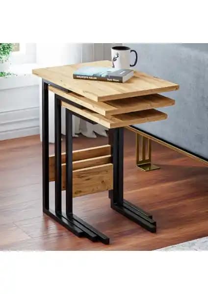 Ceramical ZG3 Metal Ayaklı 3'lü Zigon Sehpa Çam Renk Modern ve Dayanıklı Tasarım