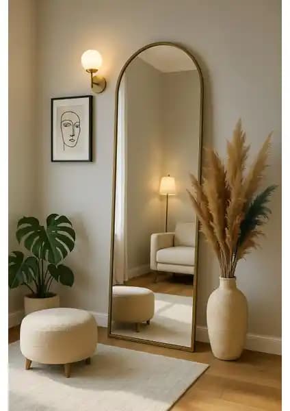 Ersan Dizayn Metal Çerçeve Gold Eskitme Ayaklı Boy Aynası - Modern ve Klasik Tarz Uyumu