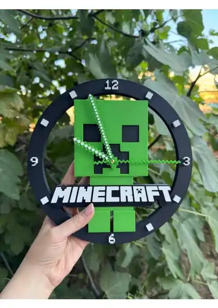 Minecraft Creeper 3D Duvar Saati - El Yapımı Dekoratif ve İşlevsel Tasarım