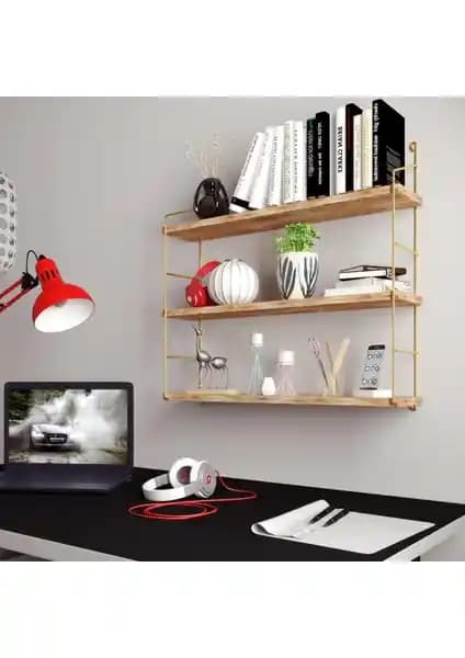 Modern Ahşap Duvar Rafı Altın Renk Paslanmaz Kaplama ile Şık ve Dayanıklı Tasarım