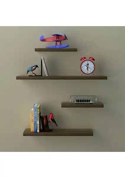 Modern Gizli Bağlantılı Duvar Rafı Ceviz Renkli 4 Parça Tasarım ve Kullanım Özellikleri