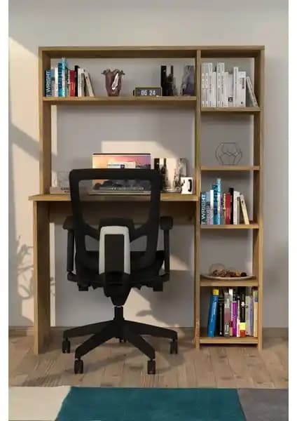 Moonlife Duru Kitaplıklı Çalışma Masası Çam Rengi Modern Ofis Mobilyası