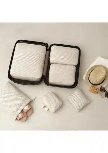 Nacarev 6'lı Valiz İçi Düzenleyici Seti Krem Çizgi Desenli Pratik Seyahat Aksesuarı