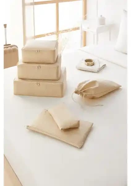 Ocean Home Textile 6'lı Bej Balıksırtı Valiz İçin Çok Amaçlı Organizer Seti