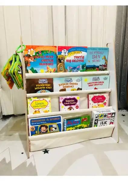 Olcay Aksesuar Montessori Taşınabilir Çocuk ve Bebek Odası Kitaplığı 4 Raflı Kumaş Tasarımı