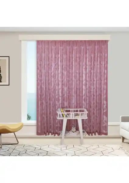 Perhal Damaks Osmanlı Desen Tül Perde Pembe ve Gül Kurusu Renk Seçenekleriyle Şık Dekorasyon
