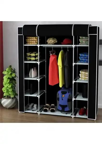 Pormet Çift Yandan Raflı Siyah Bez Dolap Modern ve Pratik Depolama Çözümü