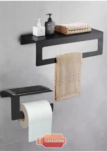 Tasagram Metal Banyo Seti Siyah Tuvalet Kağıdı ve Havlu Askısı 2'li Modern Tasarım