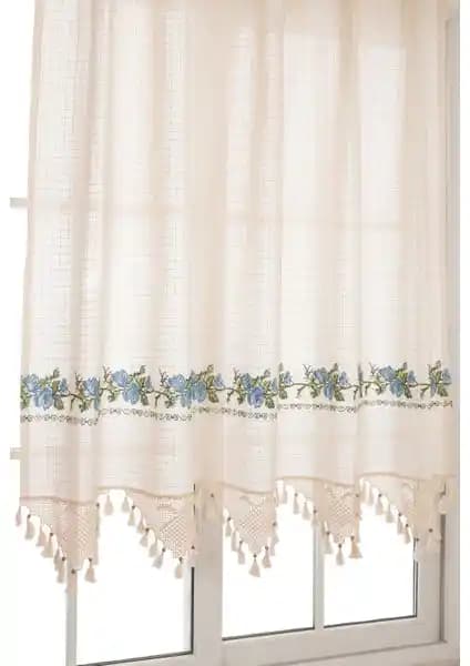 Tuncay Tekstil Buldan İşli Mavi Kanaviçeli El Dantelli Pamuk Perde