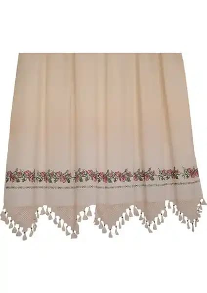 Tuncay Tekstil Kırmızı Kanaviçe El İşi Dantelli Doğal Keten Bodrum Perdesi