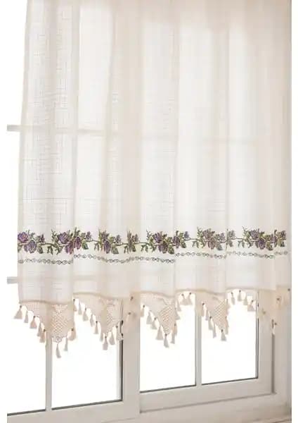 Tuncay Tekstil Mor Kanaviçeli El Dantelli Keten Perde Doğal Pamuklu ve Geleneksel Tasarım