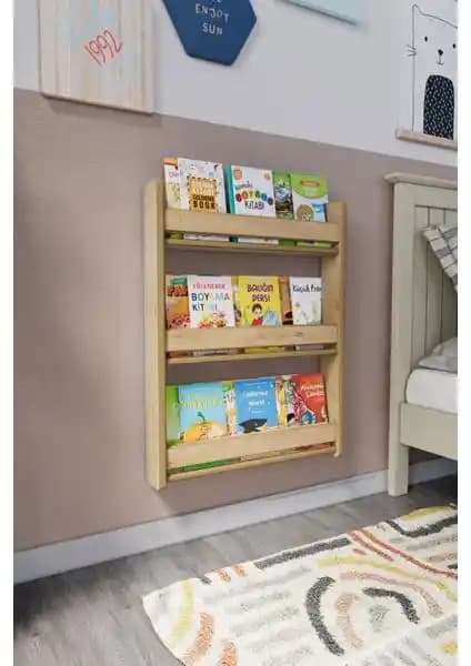 Zeo Wood Design Montessori 3 Raflı Çocuk Kitaplığı Güvenli ve Estetik Çocuk Odası Çözümü