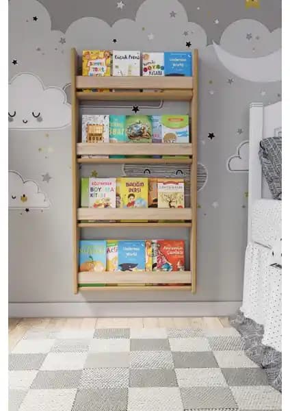 Zeo Wood Design Montessori 4 Raflı Çocuk Kitaplığı Güvenli ve Estetik Çocuk Odası Depolama Çözümü