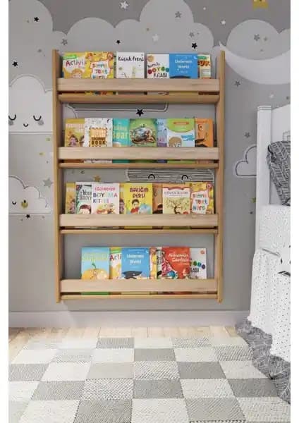 Zeo Wood Design Montessori 4 Raflı Çocuk Kitaplığı Güvenli ve Şık Tasarım