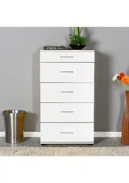 Adore Trendline 5 Çekmeceli Beyaz Şifonyer Modern ve Fonksiyonel Tasarım