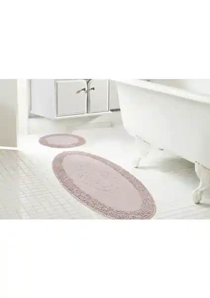 Alanur Salina Oval Cotton Makarnalı 2'li Paspas Takımı Pudra Renkli Modern Banyo Aksesuarı