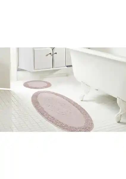 Alanur Salina Oval Cotton Makarnalı 2'li Paspas Takımı Pudra Renkli Modern Banyo Aksesuarı
