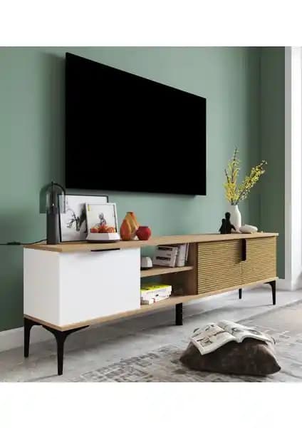 Alonex 180 cm Modern Tarz Raflı Metal Kulp TV Ünitesi Estetik ve Fonksiyonel Tasarım