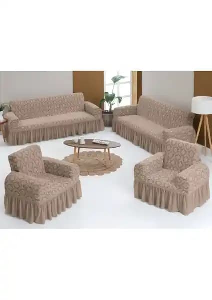 Arlisa Arısoy 3+3+1+1 Jakarlı Kahve Koltuk Örtüsü Takımı Şıklık ve Fonksiyonellik Sunar