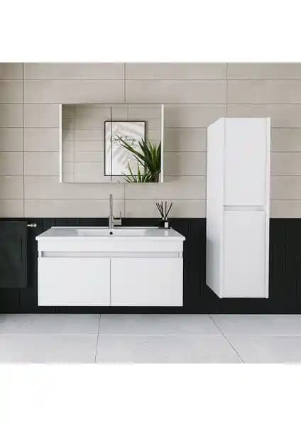 Banos Roomart 2 Kapaklı Lavabolu Beyaz MDF Banyo Dolabı Modern ve Dayanıklı Tasarım