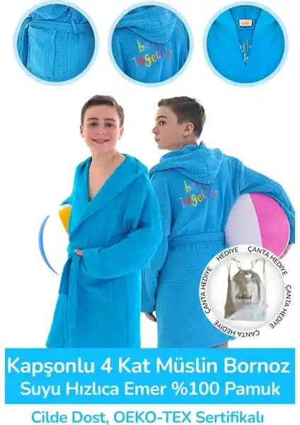 BeeMind Kapşonlu 4 Kat Müslin Çocuk Bornozları Güvenli ve Konforlu Kullanım İçin Ideal