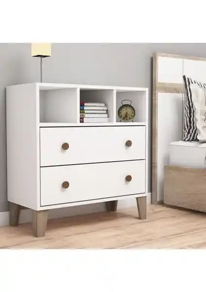 Bimossa Maya Raflı 2 Çekmeceli Beyaz Şifonyer Modern Tasarım ve Dayanıklılık Özellikleri