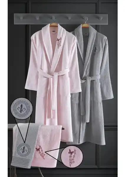 Binnur Home Alya 4 Parça Pembe ve Gri Nakışlı Pamuk Bornoz Seti Detayları