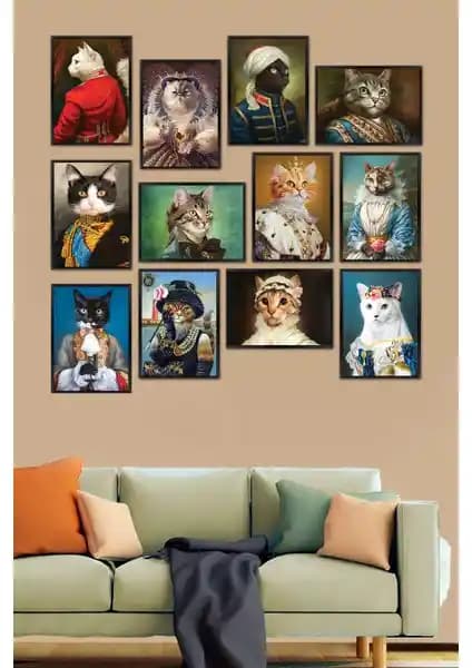 Biz Dijital 12 Parça Çerçeve Görünümlü Kedi Portreleri MDF Tablo Seti Ev Dekorasyonu İçin Şık ve Dayanıklı Tasarım