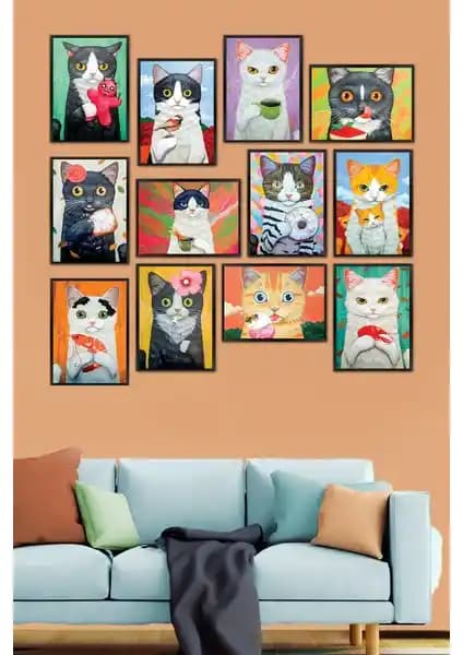 Biz Dijital 12 Parça Kedi Temalı MDF Tablo Seti Ev ve Ofis Dekorasyonu İçin Modern Seçenek