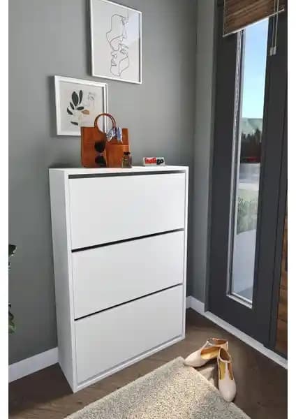 Bofigo Düşer Kapak Kayar Raflı 3 Bölmeli Ayakkabılık Modern ve Pratik Depolama Çözümü