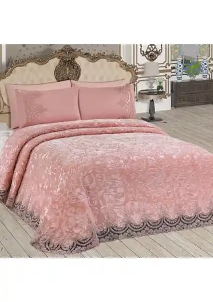 Bonny Home Fransız Dantelli Çift Kişilik Pudra Battaniye Takımı Yatak Odası Şıklığı ve Zarafeti