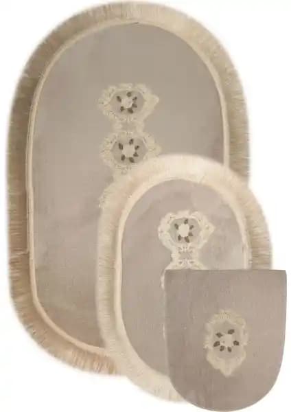 Bonny Home Shems Gri 3'lü Dantelli ve Saçaklı Klozet Takımı ve Banyo Seti