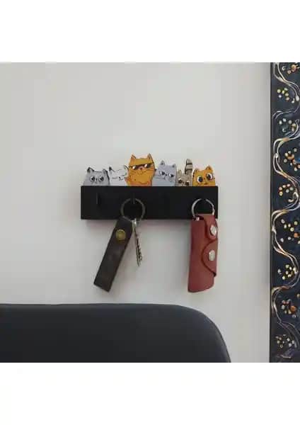 CajuArt Renkli Kedi Temalı Duvar Askılığı Anahtarlık Modern ve Sevimli Tasarım