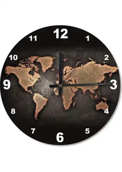 Cakasepetim Siyah Zeminde Dünya Haritası Baskılı Modern Duvar Saati 30-50 cm Çap Seçenekleriyle