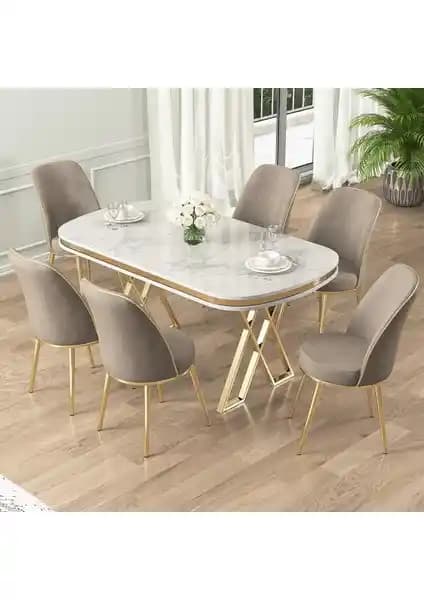 Canisa Lai Serisi Modern Masa ve Sandalye Takımı Beyaz Mermer Desen ile Şıklık