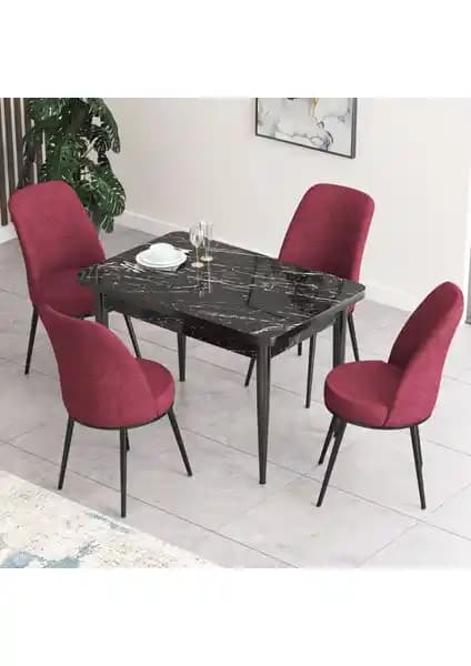 Canisa Nil Serisi Siyah Mermer Desenli Modern Yemek Masası ve Sandalye Takımı