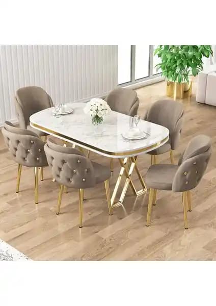 Canisa Zae Serisi 90x168 cm Beyaz Mermer Desenli Lak Panel Masa Takımı