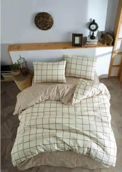 Casa Carina Kare Krem Rengi Ranforce Lastikli Çarşaflı Çift Kişilik Nevresim Takımı