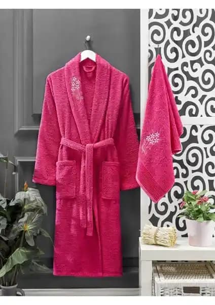 Casnack Fuşya Renkli Havlulu Bornoz Seti Günlük Kullanım İçin Uygun ve Şık Tasarım