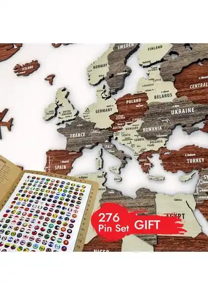 Colorfull World 3 Boyutlu Ahşap Dünya Haritası Ev ve Ofis Dekorasyonu İçin Modern Tasarım