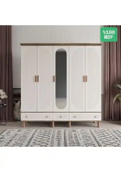 Comiet Soho 5 Kapaklı Aynalı Çekmeceli MDF Gardrop Modern ve Fonksiyonel Tasarımıyla Yatak Odası İçin Ideal Bir Çözüm