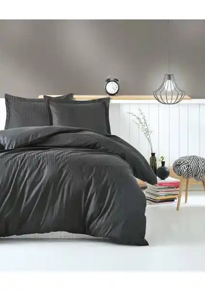 Cotton Box Elegante Stripe Antrasit Çift Kişilik Saten Nevresim Takımı 200x220 cm