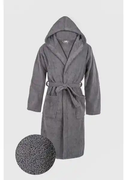 Ephemeris Kapşonlu Bukle Bornoz Gri - Yüksek Kaliteli Pamuklu Unisex Ev Bornozu