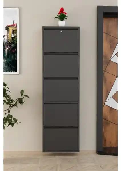 Evde Güvenli ve Modern Metal Ayakkabılık 5 Kapaklı Antrasit Renkli Tasarım