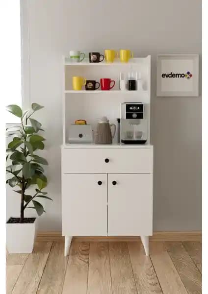 EVDEMO Biga Beyaz Çok Amaçlı Kahve Köşesi Dolabı Modern ve Dayanıklı Tasarım