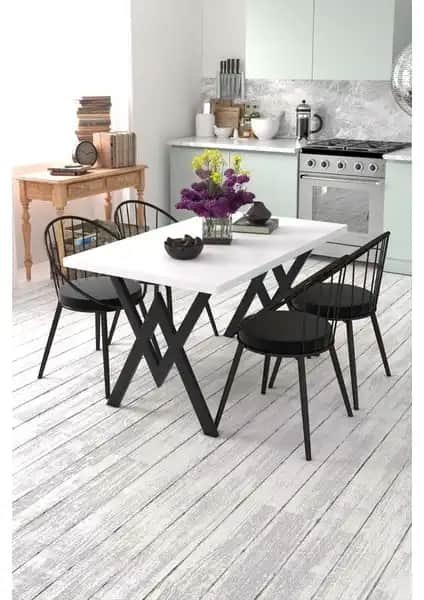 EVDEMO Eylül 4 Kişilik Modern Mutfak Masası Takımı Beyaz ve Siyah Renk Seçenekleriyle